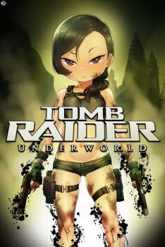 1girl bare_shoulders born-to-die closed_mouth collarbone copyright_name crop_top dirty female_focus fingerless_gloves gloves gun highres holding holding_gun holding_weapon lara_croft loli long_hair looking_at_viewer navel short_shorts shorts solo tomb_raider weapon