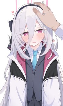 1boy 1girl absurdres black_hairband black_jacket black_skirt blazer blue_archive blue_necktie blush collared_shirt commentary_request grey_hair hair_between_eyes hairband halo headpat heart heart_in_eye highres jacket kei_(blue_archive) kei_(new_body)_(blue_archive) long_hair looking_at_viewer miniskirt necktie nui_(nuinui0300) open_clothes open_jacket open_mouth pink_eyes pink_halo pleated_skirt pov pov_hands rectangular_halo sensei_(blue_archive) shirt simple_background skirt solo_focus symbol_in_eye translation_request upper_body white_background white_jacket white_shirt