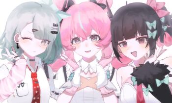 3girls angels_of_delusion aqua_nails aria_(zenless_zone_zero) arm_warmers bandaid bandaid_hair_ornament bare_shoulders black_hair black_sleeves blue_eyes bow closed_mouth collar crossed_bangs detached_sleeves dress fingerless_gloves fur-trimmed_sleeves fur_trim gloves green_bow green_eyes green_hair hair_between_eyes hair_bow hair_ornament hashtag-only_commentary heart heart_hair_ornament highres jewelry looking_at_viewer multiple_girls multiple_hair_bows multiple_hair_clips nangong_yu necktie one_eye_closed open_mouth pink_arm_warmers pink_bag pink_bow pink_gloves pink_hair red_eyes red_nails red_necktie ring shirt simple_background striped_arm_warmers sunna_(zenless_zone_zero) white_background white_dress white_shirt zenless_zone_zero zk0u2