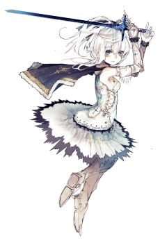 1girl ahoge armpits black_cape black_hairband blue_cape blue_eyes blue_sword blush boots breasts cape choker closed_mouth crossed_arms detached_sleeves dress fantasy floating frills from_side full_body gloves hair_ribbon hairband highres holding holding_sword holding_weapon jewelry jumping lace long_sleeves looking_at_viewer original ornate_weapon ribbon riuichi short_hair small_breasts smile solo standing sword twintails victory weapon white_background white_dress white_gloves white_hair