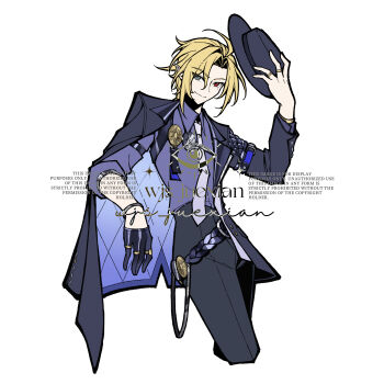 1boy ahoge arm_out_of_sleeve artist_name bicep_strap black_coat black_gloves black_hat black_pants blonde_hair closed_mouth coat commentary commission cropped_legs gloves gold_ring grey_eyes hair_between_eyes half_gloves hat highres holding holding_unworn_clothes holding_unworn_hat hugo_vlad jewelry looking_at_viewer male_focus mole mole_under_eye multiple_rings necktie pants pointy_ears purple_necktie purple_shirt red_eyes ring shirt simple_background single_glove smile solo unworn_hat unworn_headwear white_background wjs_juexian zenless_zone_zero