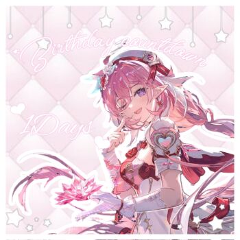 1girl ;o beret breasts corrupted_twitter_file crystal_flower diamond-shaped_pupils diamond_(shape) dress elf elysia_(hi_love_elf)_(honkai_impact) elysia_(honkai_impact) english_text garter_straps hat highres honkai_(series) honkai_impact_3rd large_breasts long_hair looking_at_viewer memory31 multicolored_hair one_eye_closed pink_hair pointy_ears smile solo symbol-shaped_pupils two-tone_hair very_long_hair white_dress white_garter_straps white_hair