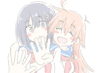 :d :o ^_^ antenna_hair blue_hair blue_sailor_collar blush_stickers closed_eyes flip_flappers hug hug_from_behind kokomine_cocona long_hair neckerchief nick150iso open_mouth papika_(flip_flappers) pink_hair pink_neckerchief sailor_collar school_uniform serafuku shirt short_hair smile spread_fingers white_shirt