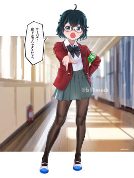 Rule 34 | 1girl, adapted costume, armband, beleven, black bow, black bowtie, black hair, black pantyhose, blue eyes, blue shoes, blush, bow, bowtie, collared shirt, glasses, green armband, grey skirt, hair between eyes, highres, jacket, kaban (kemono friends), kemono friends, long sleeves, multicolored shoes, open clothes, open jacket, open mouth, pantyhose, pleated skirt, pointing, red jacket, school, school uniform, semi-rimless eyewear, shirt, shirt tucked in, shoes, short hair, sidelocks, skirt, sweatdrop, translation request, two-tone shoes, uwabaki, white shirt, white shoes