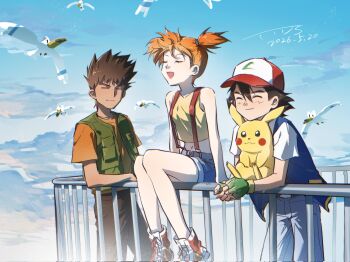 1girl 2boys :d aihara-rina ash_ketchum asymmetrical_hair bad_tag baseball_cap black_hair blue_jacket brock_(pokemon) brown_hair child closed_eyes closed_mouth cloud day denim denim_shorts fence fingerless_gloves gen_1_pokemon gen_3_pokemon gloves green_gloves green_vest hair_between_eyes hat holding jacket knees landscape male midriff misty_(pokemon) multiple_boys navel nintendo on_railing open_clothes open_mouth orange_hair orange_shirt outdoors pants pikachu pokemon pokemon_(anime) pokemon_(classic_anime) ponytail railing red_headwear shirt shoes short_hair short_sleeves shorts side_ponytail sitting sky sleeveless sleeveless_jacket smile sneakers suspenders t-shirt tank_top vest wingull yellow_shirt yellow_tank_top