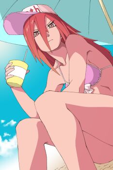1girl baseball_cap beach_umbrella bikini breasts brown_eyes commentary cup drinking_straw hat holding holding_cup long_hair looking_at_viewer medium_breasts metric80019 naruto_(classic) naruto_(series) pink_bikini red_hair sand sitting solo swimsuit tayuya_(naruto) umbrella
