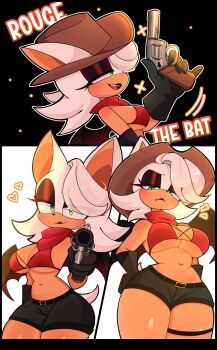 1girl absurdres aiming animal_ears animal_nose bandana bandana_around_neck bat_ears bat_girl bat_wings bikini bikini_top_only black_border black_eyeshadow black_gloves black_lips border breasts cleavage cowboy_hat cowgirl_(western) dai_honeys eyeshadow fang fang_out furry furry_female gloves green_eyes gun handgun hat heart highres holding holding_gun holding_weapon looking_at_viewer makeup multiple_views navel revolver rouge_the_bat simple_background solo sonic_(series) swimsuit thick_thighs thighs weapon white_fur wings