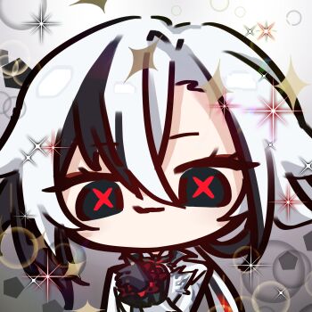 1girl absurdres arlecchino_(genshin_impact) black_hair black_hands chibi colored_extremities genshin_impact highres looking_at_viewer multicolored_hair red_pupils simple_background solo sparkle streaked_hair symbol-shaped_pupils upper_body user_kskf5378 white_hair x-shaped_pupils