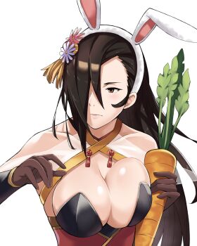 1girl animal_ears black_hair breast_press breasts brown_eyes brown_gloves carrot cleavage collarbone criss-cross_halter fake_animal_ears female_focus fire_emblem fire_emblem_fates fire_emblem_heroes flower food gloves hair_flower hair_ornament hair_over_one_eye halterneck headband holding holding_food j@ck kagero_(fire_emblem) kagero_(spring_ninja)_(fire_emblem) large_breasts long_hair looking_to_the_side nintendo playboy_bunny ponytail rabbit_ears solo upper_body vegetable white_background white_headband