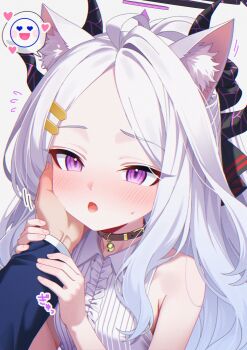 1boy 1girl ahoge black_halo blue_archive blush breasts demon_girl demon_horns halo highres hina_(blue_archive) horns karaage_(xxxmido02) long_hair open_mouth purple_eyes sensei_(blue_archive) small_breasts very_long_hair white_hair