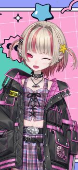 1girl ;d absurdres arm_belt belt belt_buckle black_belt black_collar black_jacket blunt_bangs blush buckle caution chain chain_necklace clothes_writing collar collarbone colored_inner_hair cowboy_shot crop_top cross-laced_clothes cross-laced_top ear_cuffs fangs gishiki_(gshk) grey_hair hair_bobbles hair_intakes hair_ornament hand_in_pocket head_tilt highres jacket jewelry lack looking_at_viewer loose_belt makaino_ririmu makaino_ririmu_(6th_costume) midriff miniskirt multicolored_hair multiple_belts navel necklace nijisanji no_headwear o-ring_collar official_alternate_costume official_art one_eye_closed open_clothes open_jacket open_mouth pendant pink_background pink_belt pink_hair pink_jacket pink_skirt pink_streaks plaid_clothes plaid_skirt pleated_skirt pocket pointy_ears red_eyes short_hair skirt smile solo spiked_collar spikes standing star_(symbol) star_hair_ornament streaked_hair studded_belt two-sided_fabric two-sided_jacket two-tone_hair two_side_up unbuttoned unzipped virtual_youtuber wolf_cut zipper_top