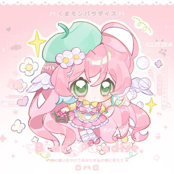 1girl ahoge beret blowing_bubbles blush bubble bubble_wand chibi chibi_only closed_mouth double-parted_bangs dress frilled_dress frilled_socks frills full_body green_eyes green_hat hair_between_eyes hat highres long_hair original outline pink_background pink_dress pink_hair pink_shoes shoes short_sleeves socks solo sparkle standing watermark white_outline white_socks yikemaohetao