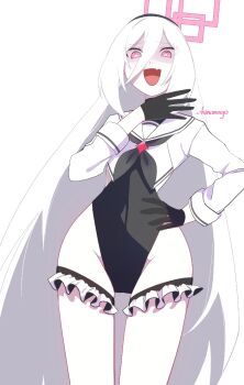 Rule 34 | 11chinanago11, 1girl, @ @, artist name, black gloves, black hairband, black necktie, blue archive, commentary request, fang, frown, gloves, groin, hair between eyes, hairband, halo, hand on own hip, highleg, highleg leotard, highleg one-piece swimsuit, kei (blue archive), kei (new body) (blue archive), laughing, legs, leotard, long hair, long legs, necktie, no panties, ojou-sama pose, one-piece swimsuit, pink halo, sailor collar, school uniform, serafuku, shadow, signature, simple background, solo, standing, star (symbol), swimsuit, thigh strap, tongue, triangle bikini top, very long hair, white background, white hair