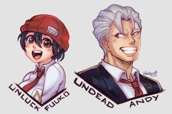 Rule 34 | 1boy, 1girl, :d, absurdres, adam's apple, andy (undead unluck), beanie, black hair, black jacket, blue eyes, closed mouth, couple, formal clothes, hair up, happy, hat, highres, jacket, long sleeves, necktie, no eyebrows, open mouth, portrait, red eyes, red necktie, scar, scar on face, shirt, short hair, simple background, smile, teeth, undead unluck, union emblem (undead unluck), velvet queen h, white hair, white shirt