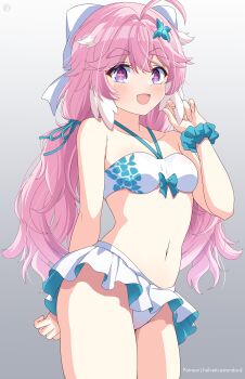 1girl :d absurdres ahoge bikini bikini_skirt blush collarbone encore_(wuthering_waves) flower gradient_background hair_flower hair_ornament helvetica_std highres loli long_hair looking_at_viewer multicolored_hair navel open_mouth pink_hair purple_eyes sidelocks simple_background smile solo standing stomach swimsuit symbol-shaped_pupils thick_eyebrows thighs two-tone_hair very_long_hair white_background white_hair wuthering_waves