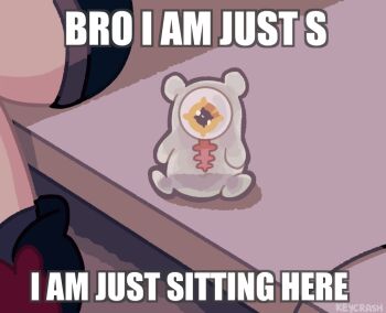 Rule 34 | ai the somnium files, aiba (ai the somnium files), artist name, commentary, derivative work, english commentary, english text, full body, impact (font), keycrash, meme, one-eyed, screenshot redraw, sitting, solo focus, yellow eyes