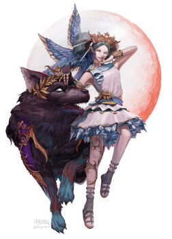 1girl animal animal_ears animal_hands black_claws black_fur blue_feathers blue_fur blue_hair blue_sash blue_scarf bracelet commentary dalamud_(menphina) english_commentary feathers final_fantasy final_fantasy_xiv floating full_body hand_on_another's_head highres jewelry leg_up looking_at_viewer mcgmark menphina moon multicolored_fur one_eye_closed painterly red_moon sandals sash scarf signature simple_background skirt smile smirk snout solid_eyes tiara white_background white_eyes wings wolf wolf_ears