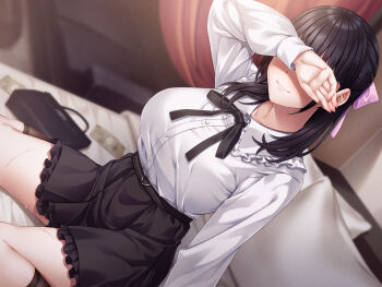 1girl bag banknote bed black_hair black_skirt black_socks blurry blurry_background blush canopy_bed closed_mouth collarbone covering_own_eyes dress_shirt hair_ribbon handbag highres indoors long_sleeves money on_bed original pillow ribbon shirt sidelocks sitting skirt smile socks solo super_nagoyaka sweat wariza wet white_shirt