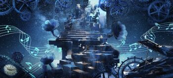 1girl artist_request black_hat blue_sky blue_theme clock clock_tower commission cookie_(touhou) full_body gears grand_piano hat highres instrument kirisame_marisa meguru_(cookie) phonograph piano second-party_source sky solo stairs star_(sky) starry_sky touhou tower wide_shot witch_hat