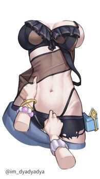 2girls bikini black_bikini bracelet breasts dated_commentary dyadyadya eden_(flowing_rhyme)_(honkai_impact) eden_(honkai_impact) elysia_(honkai_impact) elysia_(miss_pink_elf)_(honkai_impact) elysia_(summer_miss_elf)_(honkai_impact) hand_on_another&#039;s_stomach highres honkai_(series) honkai_impact_3rd jewelry large_breasts multiple_girls navel official_alternate_costume scrunchie simple_background stomach swimsuit torso_only twitter_username white_background wrist_scrunchie yuri