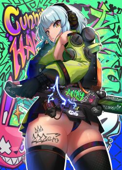 Rule 34 | 1girl, absurdres, anby demara, ass, bare shoulders, black gloves, black thighhighs, blunt bangs, body writing, breasts, commentary, english commentary, fingerless gloves, gloves, graffiti, grey hair, headphones, highres, holding, holding weapon, looking at viewer, orange eyes, parted lips, pleated skirt, sheath, sheathed, skirt, solo, sword, syde b, thigh strap, thighhighs, weapon, zenless zone zero