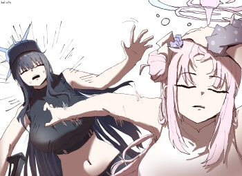 2girls baseball_cap black_hat black_scrunchie blue_archive blue_halo breasts closed_eyes crop_top hair_bun hair_pulled_back halo hand_on_own_head hat highres jujutsu_kaisen kai_xin large_breasts long_hair mika_(blue_archive) multiple_girls navel pink_halo saori_(blue_archive) scene_reference scrunchie shirt single_side_bun sleeveless sleeveless_shirt white_background wrist_scrunchie