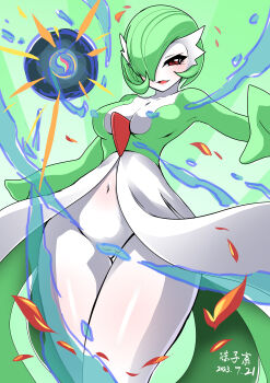 1girl absurdres arm_at_side arm_up artist_name blush bob_cut breasts censored_nipples collarbone colored_skin convenient_censoring covered_erect_nipples cowboy_shot dated female_focus gardevoir gen_3_pokemon gluteal_fold green_background green_hair green_skin groin hair_over_one_eye happy highres huangchengshuangji looking_at_viewer medium_breasts mega_evolution mega_stone multicolored_skin navel nintendo one_eye_covered open_mouth pokemon pokemon_(creature) red_eyes shiny_skin short_hair signature smile solo standing stomach thick_thighs thighs two-tone_skin white_skin wide_hips