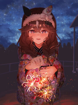 Rule 34 | 1girl, absurdres, animal ears, blush, braid, brown hair, commentary request, curren bouquetd'or (umamusume), ear covers, floral print, floral print kimono, hair between eyes, hairband, highres, holding, holding fireworks, horse ears, horse girl, japanese clothes, kimono, kumakuma19193, long hair, night, night sky, open mouth, print kimono, purple eyes, sky, solo, squatting, star (sky), starry sky, twin braids, umamusume, white hairband, white kimono
