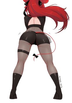 1girl ass back_cutout black_shorts blackberry_baelz bodystocking boots bow cameltoe clothing_cutout facing_away floating_hair from_behind hakos_baelz high_heels highres hololive hololive_english mouse_girl mouse_tail myth1carts official_alternate_costume red_hair short_shorts shorts simple_background solo tail tail_bow tail_ornament thigh_strap virtual_youtuber white_background