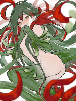 1girl ass blush colored_extremities colored_skin colored_tips completely_nude covering_own_mouth cowboy_shot dainatsu e.g.o_(project_moon) eyebrow_cut genderswap genderswap_(mtf) gradient_hair green_hair green_skin grin highres leg_up library_of_ruina long_hair multicolored_hair netzach_(project_moon) nude plant_appendages plant_tail pleasure_(e.g.o) project_moon red_pupils smile solo twisted_torso two-tone_hair very_long_hair yellow_eyes