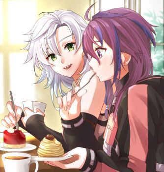 2girls ahoge bare_shoulders blue_hair cake cup detached_sleeves eating eiyuu_densetsu fie_claussell food fork green_eyes hair_between_eyes highres holding holding_fork holding_plate indoors jorda_eldarion kuro_no_kiseki kuro_no_kiseki_(series) kuro_no_kiseki_ii long_sleeves multicolored_hair multiple_girls open_mouth parted_bangs plate purple_eyes purple_hair runrui_kaku short_hair smile streaked_hair two_side_up upper_body utensil_in_mouth white_hair window