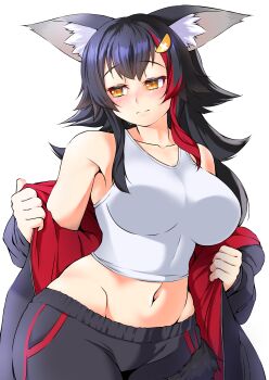 1girl absurdres alternate_costume animal_ears black_hair black_jacket black_pants breasts closed_mouth highres hololive jacket large_breasts long_hair looking_at_viewer multicolored_hair navel ookami_mio oosono_chaka pants red_hair shirt solo streaked_hair virtual_youtuber white_shirt wolf_ears wolf_girl yellow_eyes