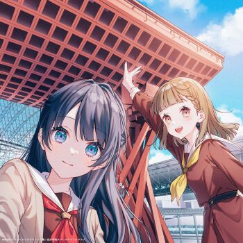 2girls :d aqua_eyes arm_up black_bow blue_eyes blue_hair blue_sky blunt_bangs bow braid brown_cardigan brown_dress brown_hair cardigan center-flap_bangs closed_mouth cloud commentary_request copyright_notice cover_image day dollchestra dress hair_bow hasu_no_sora_school_uniform highres kachimachi_kosuzu kanazawa_station link!_like!_love_live! long_hair long_sleeves looking_at_viewer love_live! mole mole_on_neck multiple_girls murano_sayaka neckerchief official_art open_cardigan open_clothes open_mouth outdoors pink_eyes pleated_dress sailor_collar sailor_dress school_uniform selfie side_ahoge side_braids sky smile split_mouth tadano_yukiko teeth upper_teeth_only virtual_youtuber white_sailor_collar winter_uniform yellow_neckerchief