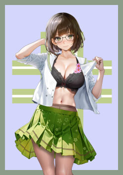 1girl ayase_shichikai black-framed_eyewear black_bra blue_background blush border bra breasts brown_hair cleavage closed_mouth collarbone commentary_request contrapposto feet_out_of_frame floral_print floral_print_skirt flower_bra glasses green_border green_eyes green_skirt hand_in_own_hair hands_up highres lace lace-trimmed_bra lace_trim large_breasts large_variant_set lingerie lips looking_at_viewer miniskirt nijisanji open_clothes open_shirt outside_border pleated_skirt print_skirt sailor_collar seto_miyako seto_miyako_(1st_costume) shiny_skin shirt short_hair skirt sleeves_rolled_up small_sweatdrop smile solo standing stomach underwear undressing variant_set virtual_youtuber white_sailor_collar white_shirt