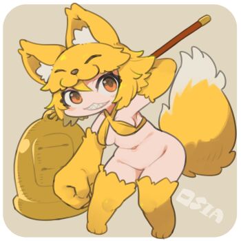 1girl animal_feet animal_hands arm_up bell blonde_hair bottomless bra breasts brown_background commentary_request criss-cross_halter fox_girl fox_hat fox_tail full_body gift_art grin halterneck highres holding holding_staff looking_at_viewer medium_breasts moonlight_flower navel orange_eyes ragnarok_online rosia_san second-party_source sharp_teeth short_hair smile solo staff tail teeth underwear yellow_bra