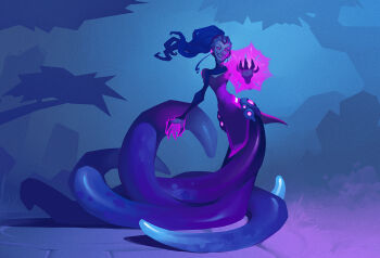 1girl alexandra_douglass blue_hair brick_floor concept_art forest gigantic_(game) glowing long_hair magic monster nature official_art production_art tentacle_hair tentacle_legs tentacle_limbs tentacles tentacles_under_clothes xenobia_(gigantic)