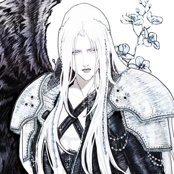 Rule 34 | 1boy, armor, beads, black coat, black wings, chest strap, closed mouth, coat, commentary, feathered wings, final fantasy, final fantasy vii, final fantasy vii remake, floral background, hair beads, hair ornament, highres, lips, long hair, looking at viewer, male focus, parted lips, sephiroth, serinigalini, shoulder armor, single wing, solo, upper body, white hair, wings