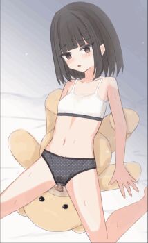 1girl animated animated_gif arm_support barefoot bed black_bow black_hair black_panties blush bow bow_panties bra breasts brown_eyes closed_eyes collarbone crotch_rub female_ejaculation kneeling loli looking_at_viewer masturbation navel on_bed open_mouth orgasm original panties polka_dot polka_dot_panties pussy_juice shooko short_hair small_breasts stuffed_animal stuffed_toy sweat teddy_bear underwear white_bra