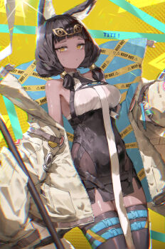 1girl animal_ear_fluff animal_ears arknights bare_shoulders belt black_hair black_thighhighs blue_belt breasts caution_tape character_name chromatic_aberration closed_mouth commentary cowboy_shot dark-skinned_female dark_skin hair_tubes highres jacket lens_flare looking_at_viewer medium_breasts medium_hair off_shoulder onedr sleeveless solo standing thigh_belt thigh_strap thighhighs titi_(arknights) white_jacket yellow_eyes
