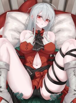 1girl absurdres ahoge arknights bare_shoulders black_panties blue_gloves boots clothing_cutout commentary_request dress gloves grey_boots grey_hair hair_between_eyes highres leg_ribbon long_hair looking_at_viewer lying mildt navel navel_cutout no_headwear on_back panties parted_lips pillow red_dress red_eyes ribbon skadi_(arknights) skadi_the_corrupting_heart_(arknights) skindentation solo thighs underwear very_long_hair