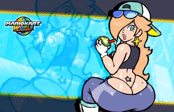 1girl absurdres ass back_tattoo backwards_hat baseball_cap blonde_hair blue_eyes breasts brycecarringto5 butt_crack coconut earrings eyewear_on_head fingerless_gloves g-string gloves hat highres huge_ass jewelry leggings looking_back mario_(series) mario_kart mario_kart_world nintendo rosalina rosalina_(touring) solo sports_bra star_(symbol) star_earrings sunglasses tattoo thong tramp_stamp underwear whale_tail_(clothing) white_gloves