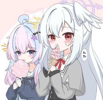 Rule 34 | 2girls, ^^^, ahoge, black jacket, black neckerchief, blue archive, blue hair, blush, bow, bowtie, cotton candy, eating, feathered wings, food, grey shirt, hair ornament, halo, head wings, highres, holding, holding cotton candy, holding food, holding ice cream, holding ice cream cone, ice cream, ice cream cone, jacket, long hair, long sleeves, looking at viewer, low twintails, multicolored hair, multiple girls, neckerchief, notice lines, pink hair, pink halo, purple eyes, purple halo, red bow, red bowtie, red eyes, reisa (blue archive), sailor collar, school uniform, serafuku, shirt, side-by-side, simple background, single wing, sirohosi 893, sound effects, speech bubble, star (symbol), star hair ornament, star halo, streaked hair, suzumi (blue archive), sweatdrop, third-party source, twintails, two-tone hair, upper body, very long hair, white background, white hair, white sailor collar, white wings, wings