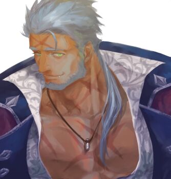 1boy bara beard coat commentary_request cross_scar facial_hair fang full_beard green_eyes highres jewelry kresnik_(housamo) large_pectorals long_hair looking_at_viewer male_focus mature_male muscular muscular_male necklace open_clothes open_coat pectoral_cleavage pectorals ponytail scar scar_on_face scar_on_forehead smile solo thick_eyebrows tokyo_houkago_summoners upper_body white_hair yusuke_(yu_suke_001)