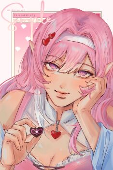 Rule 34 | 1girl, breasts, candy, chocolate, chocolate heart, cleavage, commentary, cyrene (demiurge) (honkai: star rail), cyrene (honkai: star rail), food, hairband, heart, heart-shaped food, highres, holding, holding chocolate, holding food, honkai: star rail, honkai (series), incoming food, large breasts, long hair, looking at viewer, nokkusuart, pink hair, purple eyes, sample watermark, smile, solo, twitter username, upper body, very long hair, watermark, white hairband