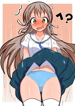 1girl ^^^ absurdres arms_at_sides blue_necktie blue_panties blush border brown_background brown_eyes brown_hair cinderella_series collarbone cowboy_shot embarrassed flying_sweatdrops green_skirt hachigatsu_no_cinderella_nine hair_ribbon highres long_hair miniskirt navel necktie no_dickey nose_blush outside_border panties plaid_clothes plaid_skirt pleated_skirt polka_dot polka_dot_panties ponoka_(happy1) ribbon sailor_collar satogahama_school_uniform school_uniform serafuku shiina_yukari_(hachigatsu_no_cinderella_nine) shirt short_sleeves skirt solo summer_uniform thighhighs underwear white_border white_ribbon white_sailor_collar white_shirt white_thighhighs wind wind_lift