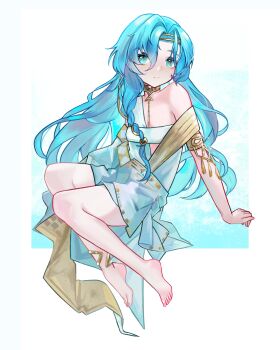 1girl 37_(reverse:1999) ancient_greek_clothes anklet arm_support armlet bare_legs bare_shoulders barefoot blue_eyes blue_hair closed_mouth full_body greco-roman_clothes hair_between_eyes highres jewelry long_hair looking_at_viewer reverse:1999 sitting smile solo straw_thoughts_(daocao) toga very_long_hair white_background