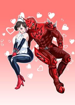 Rule 34 | 1boy, 1girl, abs, apron, armor, arrow (symbol), bad id, bad pixiv id, biceps, black eyes, bodysuit, boots, brown hair, claws, collar, collared shirt, fingernails, gloves, hair bun, hat, heart, heart background, high heels, highres, horns, kamen rider, kamen rider den-o (series), kus0dekababu, leaning to the side, momotaros, monster, monster boy, muscular, muscular male, naomi (kamen rider den-o), oni, open mouth, pink eyes, pink streaks, red armor, red boots, red gloves, sharp fingernails, sharp teeth, shirt, sleeveless, sleeveless shirt, teeth, tongue, waitress, watch, white shirt, wristwatch, wristwatch over clothes