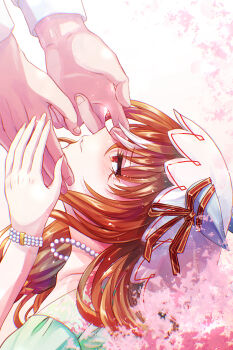 1girl animal_ears bow bracelet commentary_request ear_covers ear_ribbon from_side hands_on_another&#039;s_face highres jewelry long_hair looking_up multicolored_hair necklace pearl_bracelet pearl_necklace red_eyes red_hair solo_focus still_in_love_(umamusume) streaked_hair umamusume veil yue_(lov_n_n)