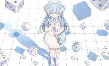1girl bag blue_eyes blue_hair blue_shirt closed_mouth dice double-parted_bangs dress frilled_dress frills from_above highres holding holding_bag kotoruri long_hair original shirt shoes short_sleeves socks solo standing sweatdrop white_dress white_shoes white_socks