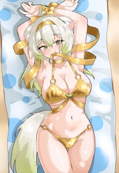1girl absurdres animal_ears arms_up beach_towel bikini bound bound_wrists breasts ddrawins eyeshadow ferret_ears ferret_girl ferret_tail food fruit gold_bikini gold_hairband green_eyeshadow green_hair green_tail hair_between_eyes hairband highres large_breasts lime_(fruit) lime_slice limealicious looking_at_viewer lying makeup navel on_back ponytail swimsuit thighs towel vinesauce virtual_youtuber white_hair